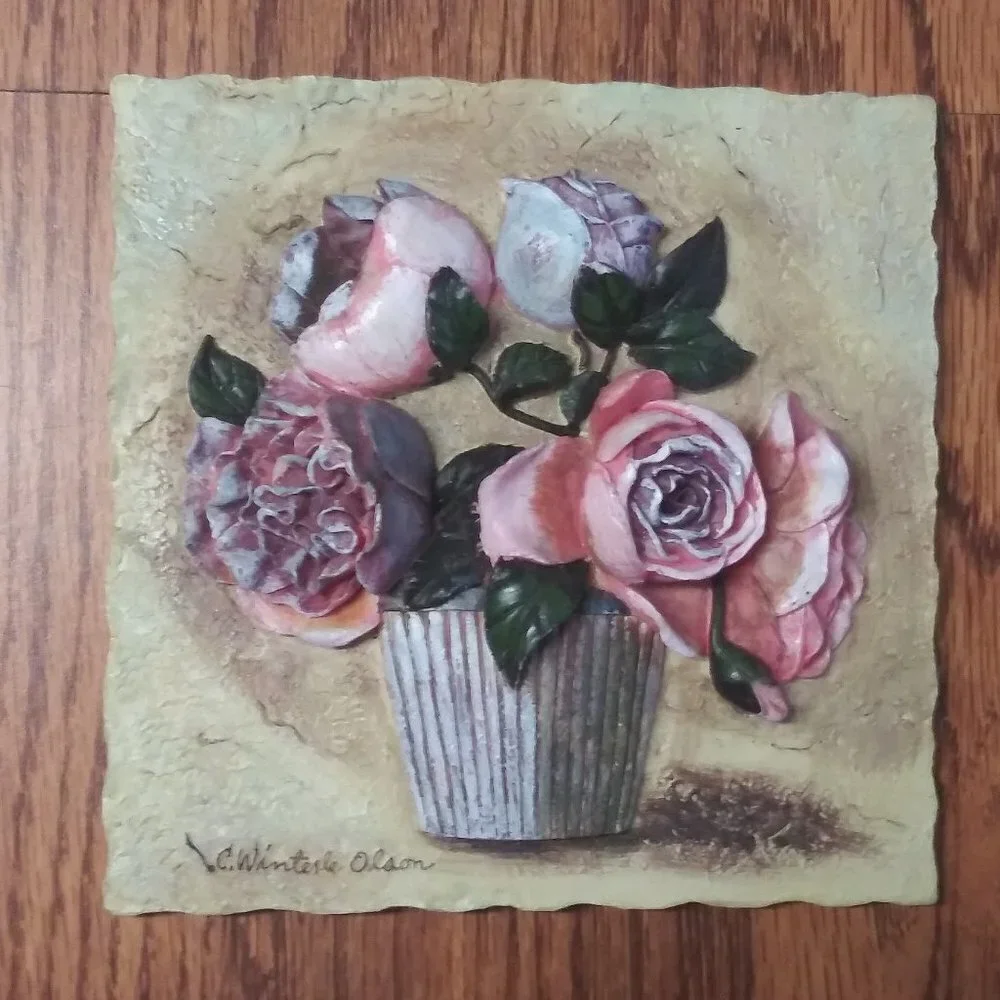 C. Winterle Olson 3D Tile ROSES +Planter Wall Hanging Plaque Bathroom Decorative